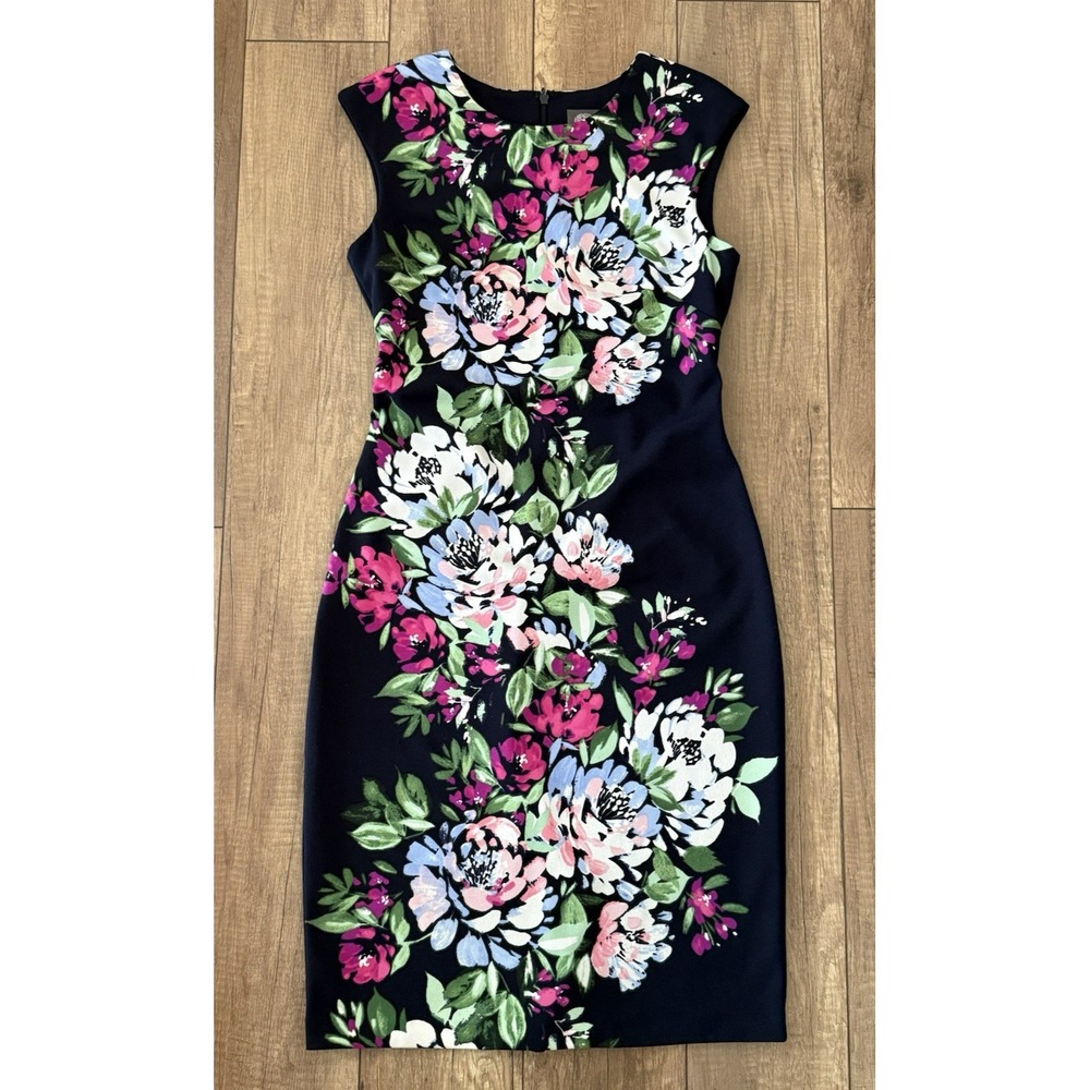 Vince Camuto Navy Blue Floral Sheath Dress Cap Sleeve Size 8 Stretch Tropical - Picture 3 of 14